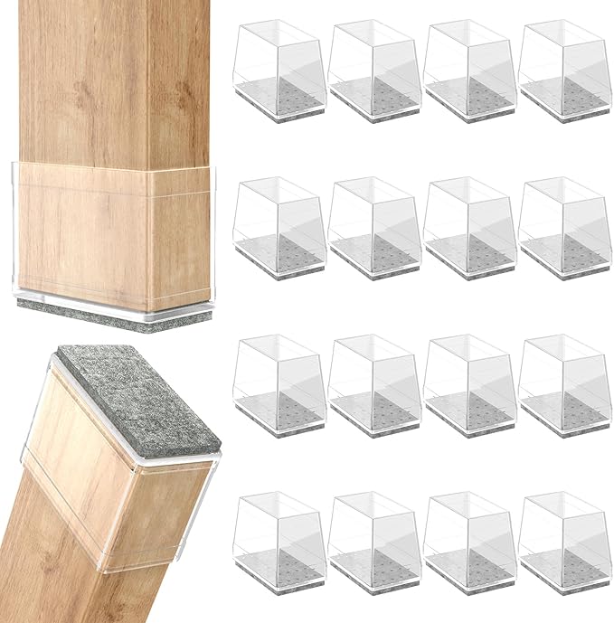 Rectangle Chair Leg Protectors for Hardwood Floors,16 PCS Silicone Covers to Protect Wood Tile Floors Felt Pads Furniture Leg Caps Reduce Noise. Easy to Move. (Clear,2 x 3 Inch, Rectangular)