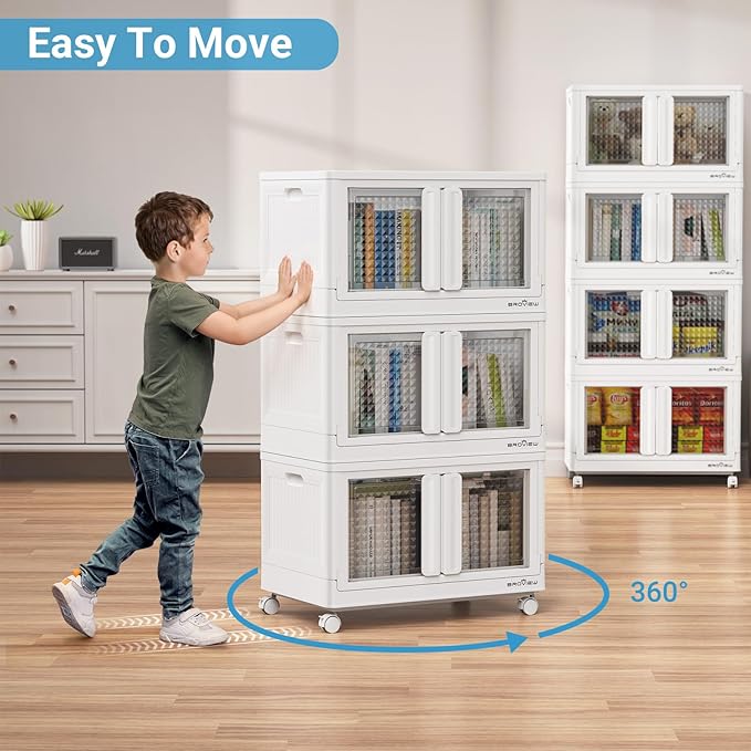BROVIEW 120Gal Stackable Storage Bins with Lids & Wheels, 480Qt Plastic Collapsible Closet Organizer and Storage Drawers, Storage Boxes Cabinets for Home, Office, 6 Pack, White