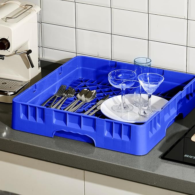 Commercial Dishwasher Tray Rack Polypropylene Full Size Flatware Rack for Bowls Plates Knives Forks Cups(19.7 x 19.7 x 3.97 Inch,Blue)