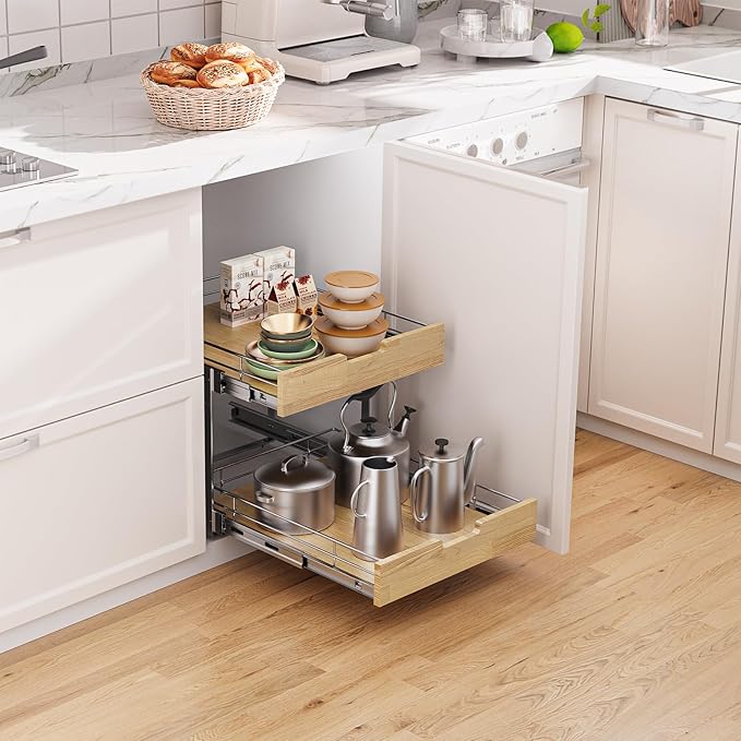 Pull Out Cabinet Organizer,Heavy-Duty Slide Out Shelf, Wood and Wire Basket, Pull Out Drawer for for Kitchen Under Sink Space, Pantry, Bathroom, 2 Tie 26 * 21 in