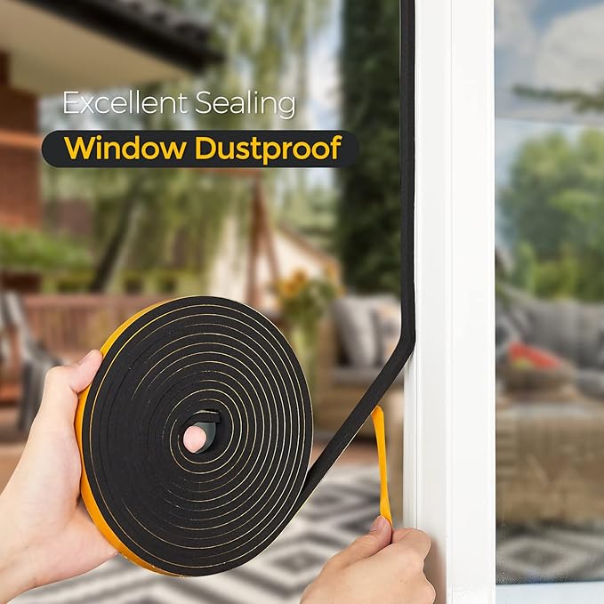 13 Feet Weather Stripping Door Seal, 1" Wide X 3/4" Thick Door Seal Strip High Density Foam Tape Adhesive Strip for Door Soundproofing,Window Insulation (1" x 3/4" x 13FT,Black)