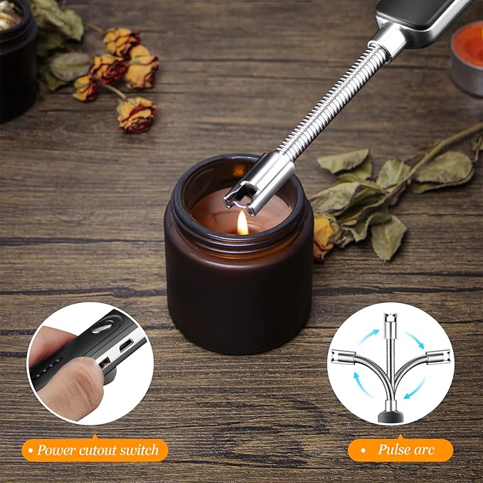 Lsnisni 5Pcs Candle Accessory Set With Rechargeable Electric Lighter, Storage Tray, Wick Trimmer, Snuffer, Dipper - Stainless Steel Care Kit With Gift Package for Candle Lovers - Black
