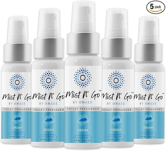 Mist N’ Go by Omaze Travel Bathroom Spray for Toilet Spray Odor Eliminator - Travel Toilet Spray for Bathroom Air Freshener Spray for Bathroom Deodorizer - Dream Regular Size (2oz x5)