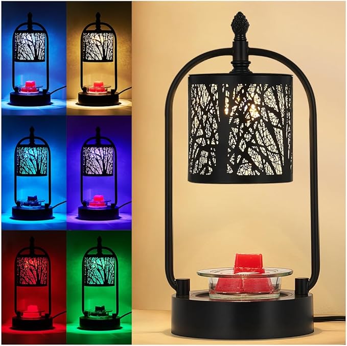 Tree Candle Warmer Lamp, LED Colors Changing Candle Warmer with ATimer, Bedroom Living Room Home Decor Wax Melting Warmer for Jar Candles (Double Pole -Black)