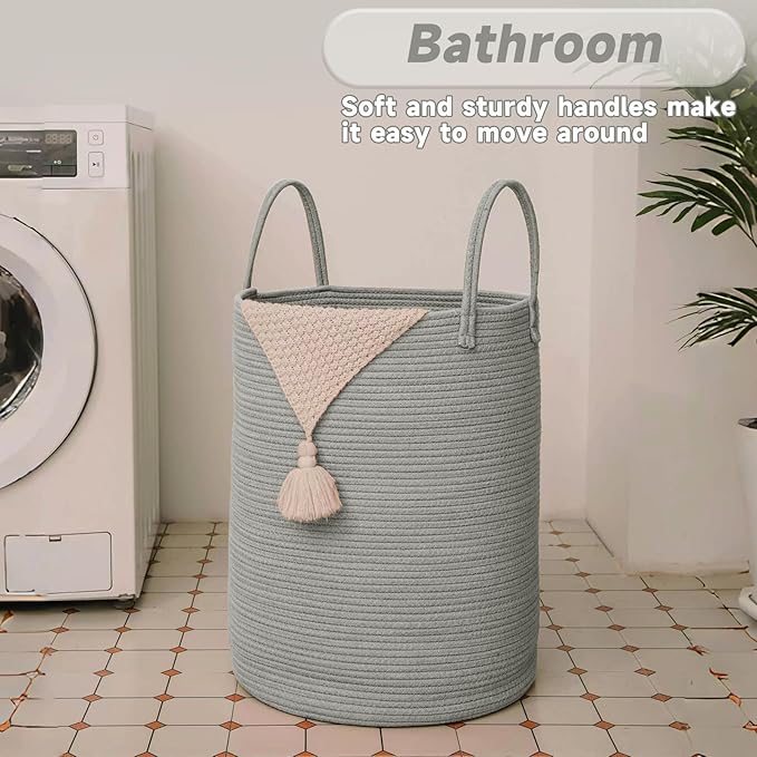Large Woven Laundry Basket Hamper,80L Cotton Rope Storage Bin for Blankets,Toys and Clothes,Decorative Tall Nursery Hamper for Living Room,Baby Nursery,Bathroom and Bedroom,Grey