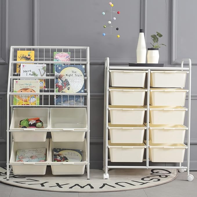 Rolling Cart with 10 Drawers, Plastic Drawer Cart with Metal Frame, Multipurpose Art Craft Cart Organizer with Wheels, Utility Cart with Drawers for Home, Office, School, White