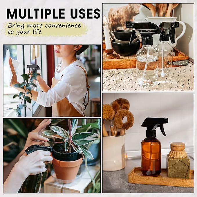 2 Packs Plastic Spray Bottles 360° Water Spray Bottle for Cleaning - 10 oz/300 ml Upside Down Spray Bottle Small Squirt Bottle with Adjustable Nozzle for Hair, Cooking, Plant, Pet (Clear + Brown)