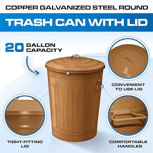 Plexon Round Trash Can 13 Gallon, Vintage Metal Outdoor Trash Can with Lid, Retro Farmhouse Garbage Container, Old School Modern Ash Bucket, Copper 6 Pack