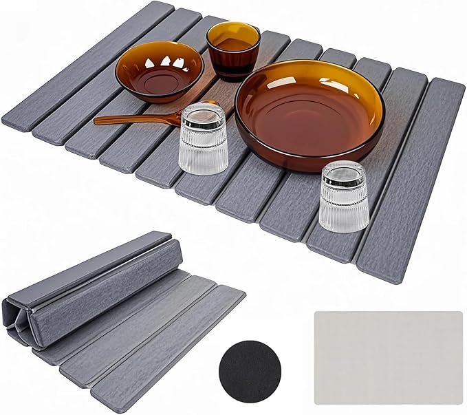 Large Diatomite Kitchen Counter Drying Mat – 24”x16”, Aesthetic Stone Mat for Dishes, Roll-Up Space-Saving & Quick-Drying Stone Rack, Dark Grey