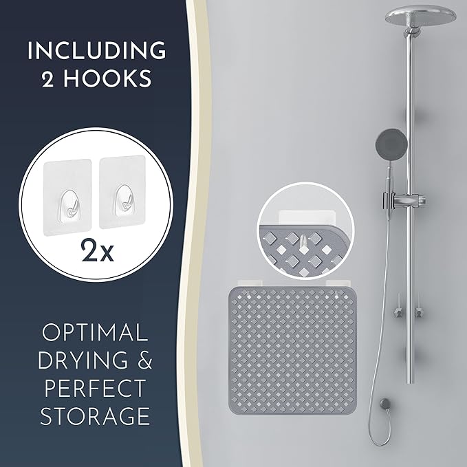 Homerella Anti Slip Shower Mat | Anti Mold Non Slip Bathtub Mat for Inside Shower | Square Floor Shower Mat 21 x 21 inch with Suction Cups for Grip & Hooks Hanging and Quick Drying | Machine Washable