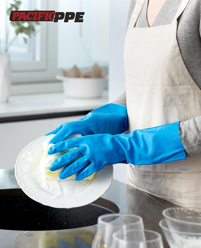 PACIFIC Cleaning Gloves with Latex free, Dishwashing Kitchen Gloves with Cotton Flocked Liner, Reusable, Non-Slip, Water Resistant Household Gloves, Blue, Large