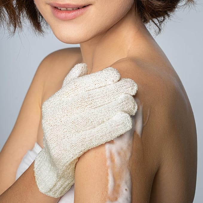 Evridwear Exfoliating Gloves for Shower, 100% Nylon Thick Soft Medium Heavy Bathing Gloves Dead Skin Remover Body Scrubber Smooth Skin with Hang Loop, 1 Pair Light White