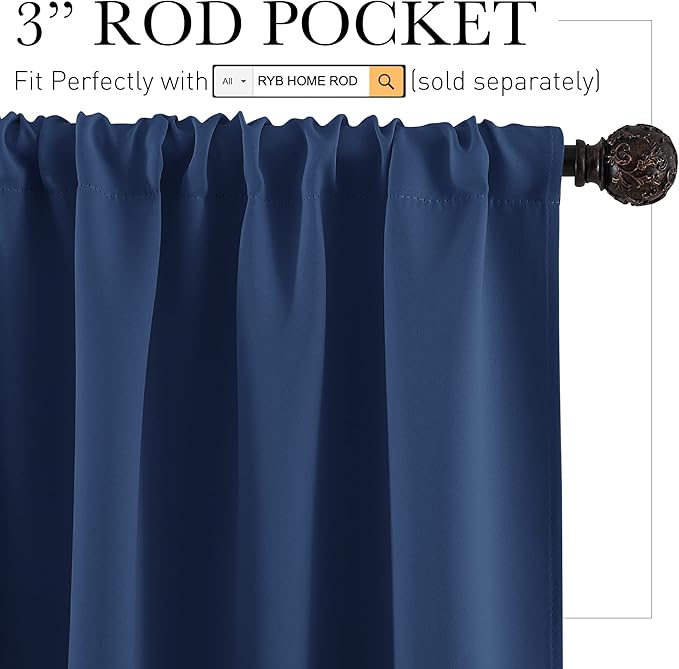 RYB HOME Blackout Curtains Small Window Decor Light Block Thermal Insulated Drapes for Bedroom Kitchen Cabinet Basement RV Curtains, W 42 x L 36 inch, Navy Blue, 2 Panels