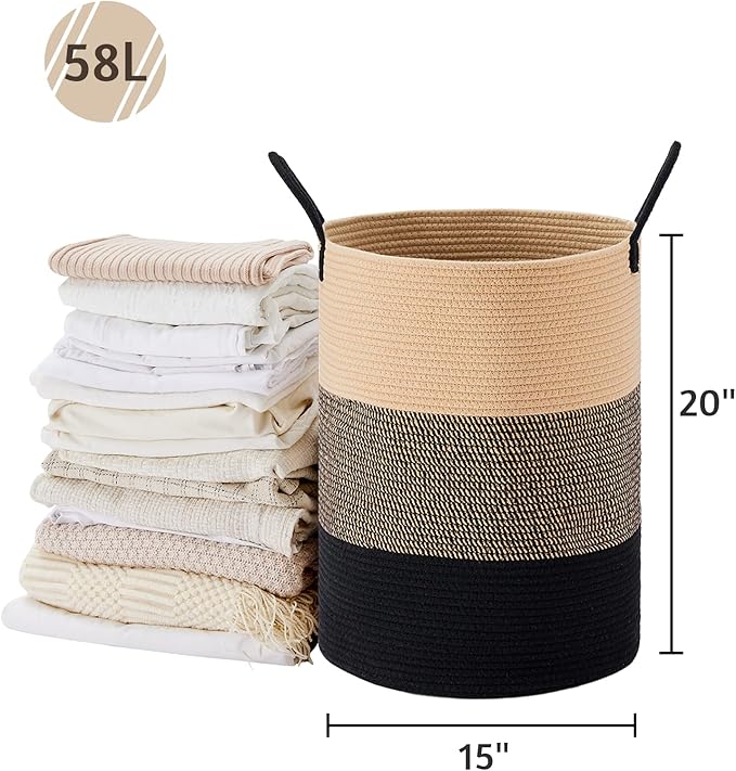 VIPOSCO Large Laundry Hamper, Tall Woven Rope Storage Basket for Blanket, Toys, Dirty Clothes in Living Room, Bathroom, Bedroom - 58L Brown & Black
