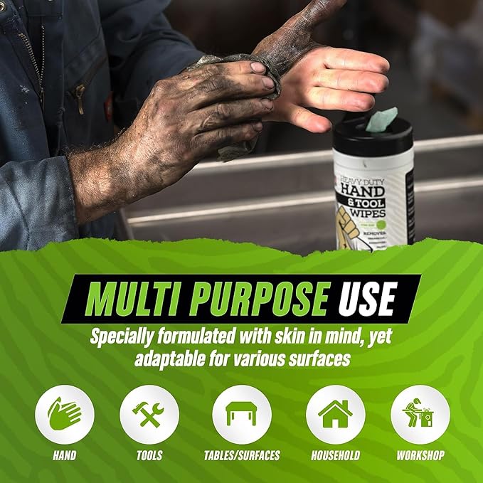 Grip Clean Heavy Duty Hand & Tool Cleaning Wipes – Waterless Hand Cleaner for Mechanics, Garage & Shop Use – Dual-Sided Grease, Oil & Paint Remover Wipes with Citrus Scent - 72ct (6 Pack)