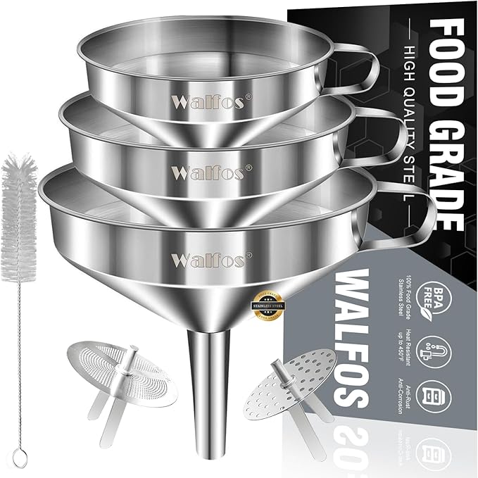 Stainless Steel Funnel, Walfos 3 Pack Kitchen Funnel with 2 Removable Strainer ＆ 1Pcs Cleaning Brush, Perfect for Transferring of Liquid, Oils, Jam, Dry Ingredients & Powder