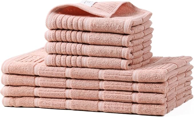 Glynniss Kitchen Towels and Dishcloths Set, Four Kitchen Dish Towels 16x26 Inches, Four Absorbent Dish Cloths for Washing Dishes 12x12 Inches, Cleaning and Drying for Everyday Use Pack of 8 (Pink)