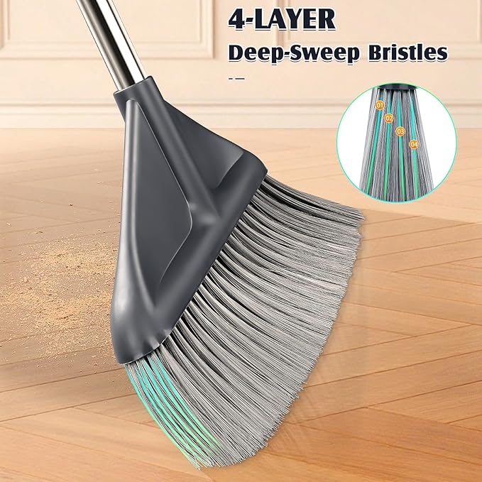 Broom and Dustpan Set for Home with 52 Inch Long Angled Handle - Stand Up Dustpan No Warping Metal Edge, Ergonomic Sweeping, 4 Layer Bristles and Hair Cleaning Teeth for Kitchen Office