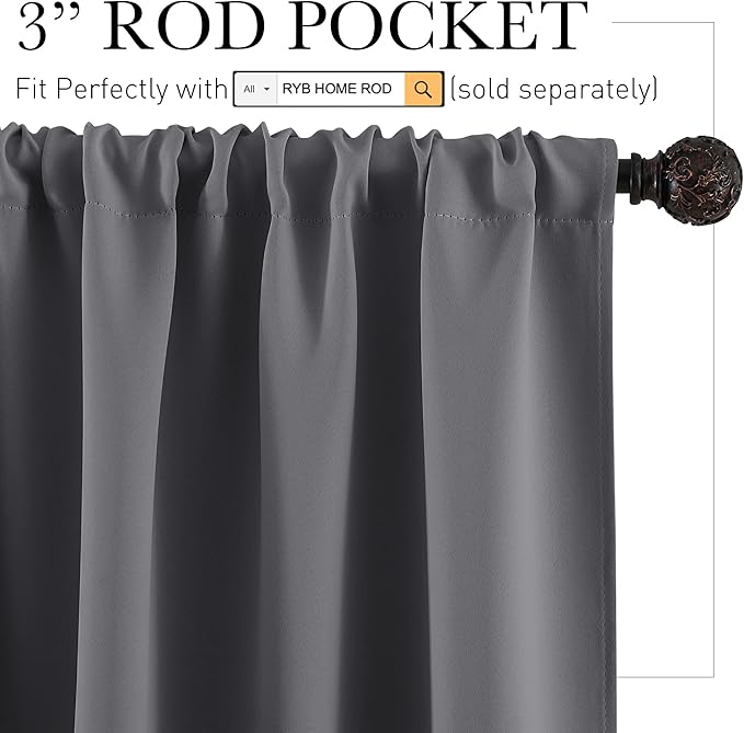 RYB HOME Blackout Curtains for Living Room, Room Darkening Small Window Treatment Thermal Insulated Privacy Blinds for Bedroom Bathroom Kitchen, Grey, W42 x L63 inch, 2 Panels