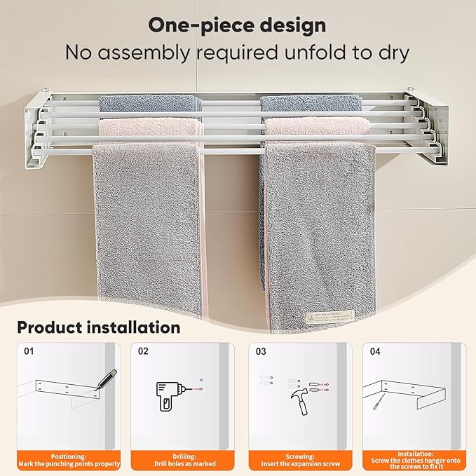 Clothes Drying Rack 31.5 inches Foldable Wall Mount Laundry Rack Folding Indoor Drying Rack Clothing Collapsible Hidden Space Saver with Wall Template 5 Rods White