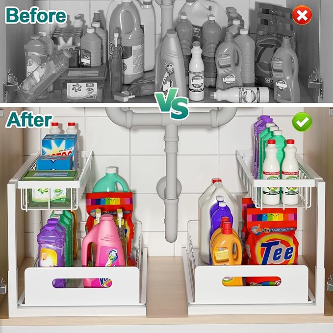 bukfen Under Sink Organizer, Pull Out Home Organizers 2-Tier Slide Out Sliding Shelf Under Cabinet Storage Multi-Use for Under Kitchen Bathroom Sink Organizers and Storage,White,2 Pack