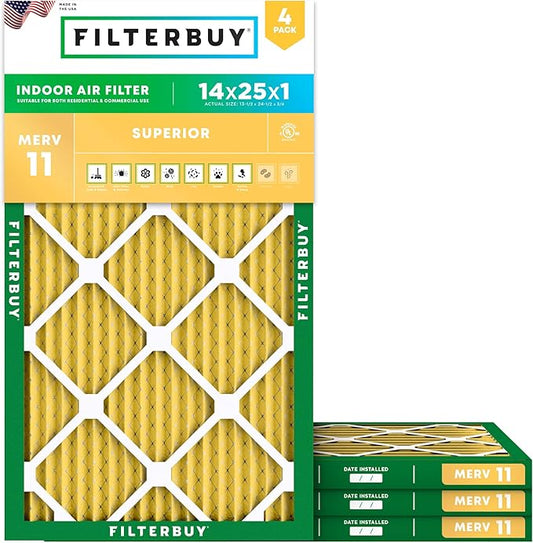 Filterbuy 14x25x1 Air Filter MERV 11 (MPR 1200) Allergen Defense Replacement (4-Pack), Electrostatic Pleated HVAC AC Furnace Filters, Made in USA (Actual Size: 13.50 x 24.50 x 0.75)