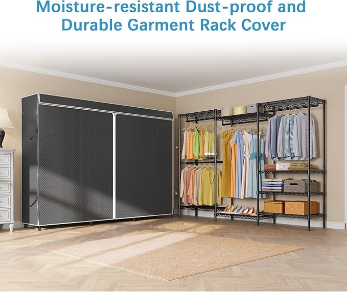 VIPEK V5C Plus Covered Clothes Rack Portable Wardrobe Closet, Heavy Duty Clothes Rack with Adjustable Shelves, Black Metal Clothing Rack with Black Upgarded Polyester Cover, Max Load 1040LBS