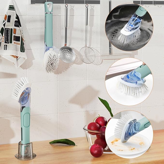 Soap Dispensing Replacement Dish Brush Storage Set with 2 PCS Brush Refills & Holder - RIMAY Dispenser Scrub Cleaning Scrubber Kitchen Dishwashing Dish Wand Handle for Dishes/Pans/Pots/Sink(Blue)