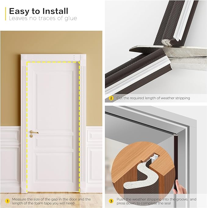 Weather Stripping Door Seal Strip - Soundproof Q-Shaped Foam for Exterior Door Frame, Large Gap Seal, Noise Cancelling, Easy to Install (Brown, 40FT)