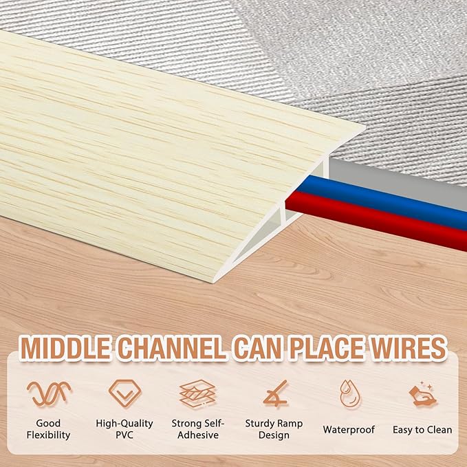 Floor Transition Strip Self Adhesive Vinyl Door Threshold for Doorways Carpet Edging Trim Overlap Edge Reducer for Laminate Floor, Carpet, Tile (Beige Wood Grain, 1/5" to 2/5", 6.6Ft)