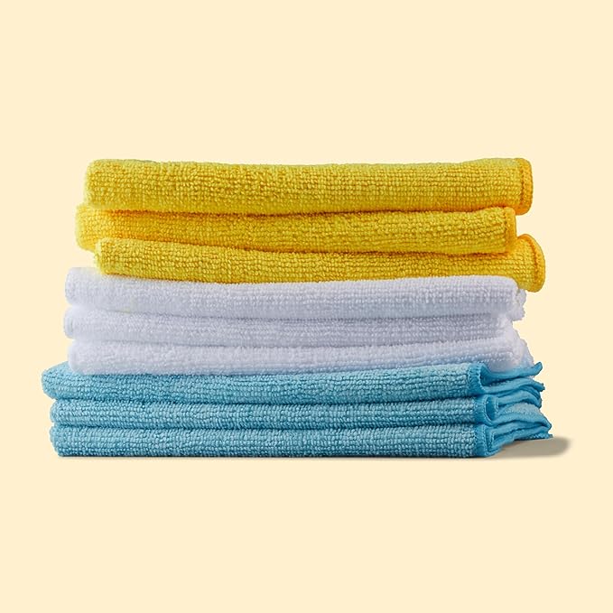Amazon Basics Microfiber Cleaning Cloths for Cars, Non-Abrasive, Highly Absorbent, Lint and Scratch-Free, Reusable and Washable, 16" x 12", Blue/White/Yellow, 144-Pack