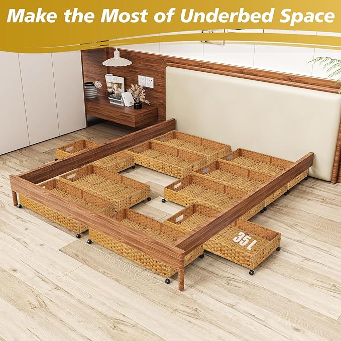 Under Bed Storage Containers with Wheels, 2 Pack 31.5in / 35L Handmade Rattan Underbed Organizer Drawer, Tool-free Assembly Rolling Under Bed Storage Bins for Shoes Clothes Toy Book