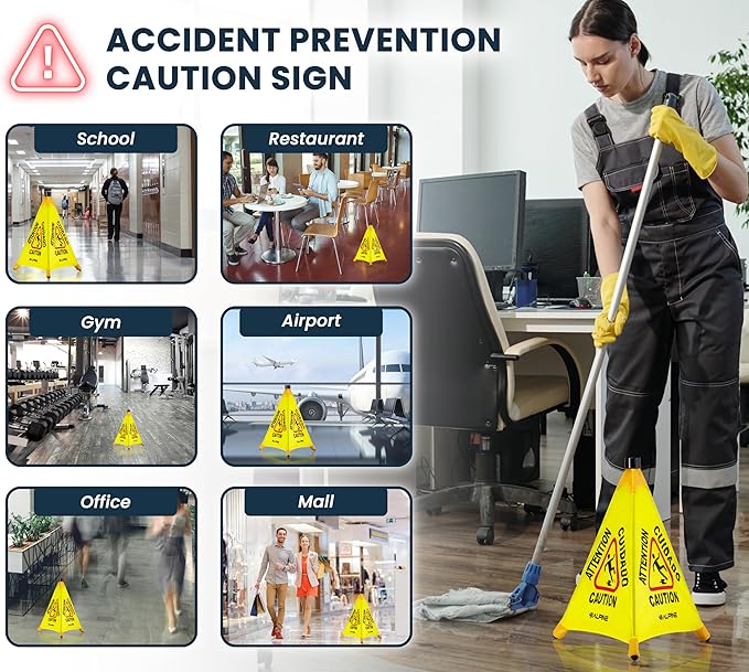 Alpine Caution Wet Floor Sign 3 Pack - Pop Up Slippery When Wet Sign, Wall Mounted Foldable Bilingual Yellow Safety Warning Caution Cone for Commercial & Office Use (20 Inches)