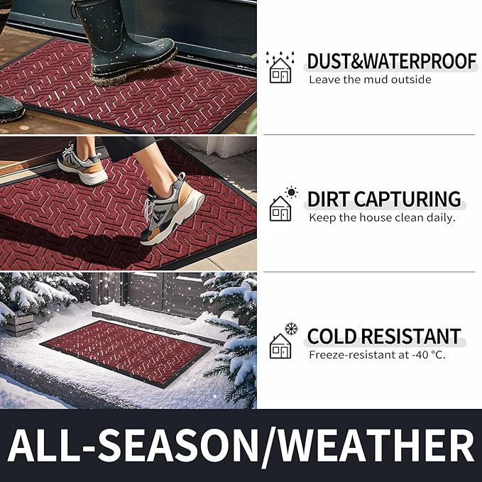 Yimobra Front Door Mat Outside Entrance 29.5x17, Waterproof Heavy Duty Outdoor Mats for Front Door, Non Slip Rubber Entry Mat for Garage Patio, Black Red