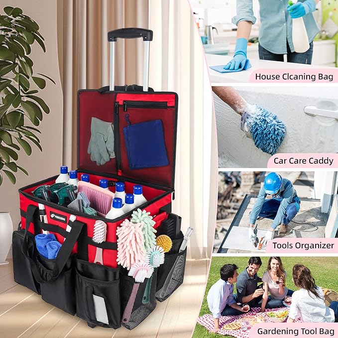 Rolling Cleaning Caddy Bag with Wheels, Large Cleaning Cart Detachable Trolley, Cleaning Bags for Housekeepers With Shoulder Strap & Multi Pockets for Cleaning Tools Storage (Red)