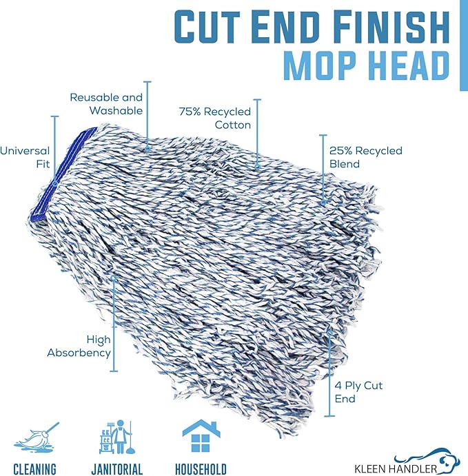 KLEEN Handler Cut End Finish Mop | 1.25" Universal Headband Maximum Absorption Finishing Mop, Pack of 3
