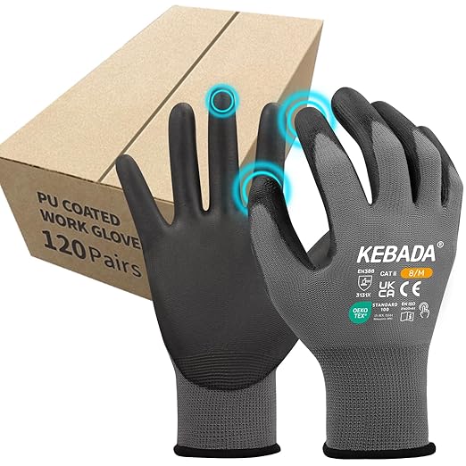 Kebada Safety Work Gloves,120 Pairs Bulk Pack, Touchscreen, PU Coated, Ideal for Warehouse, Construction, Gardening and Mechanics, Grey, XX-Large