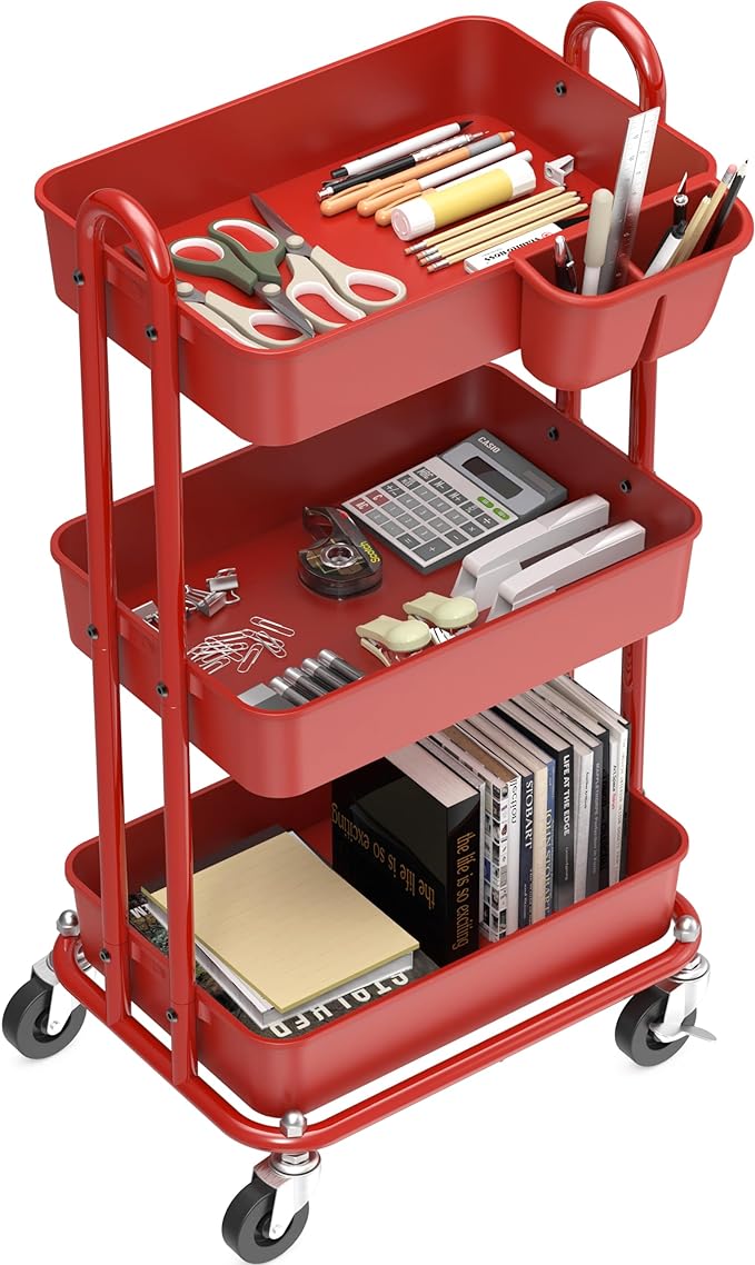 Simple Houseware 3-Tier Multifunctional Rolling Utility Cart with Hanging Bucket, Red