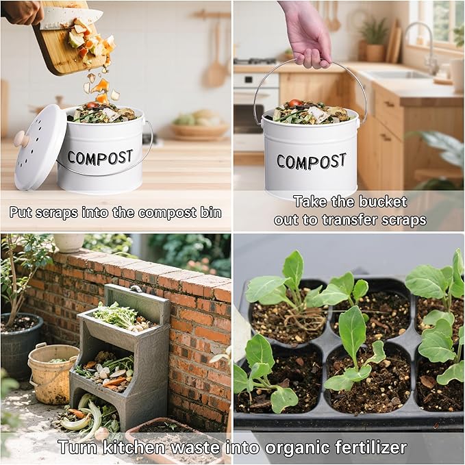 Compost Bin for Kitchen Counter, 1 Gallon Compost Bucket with Lid and Charcoal Filter, Countertop Composter, Rust Proof Indoor Food Waste Bin, White