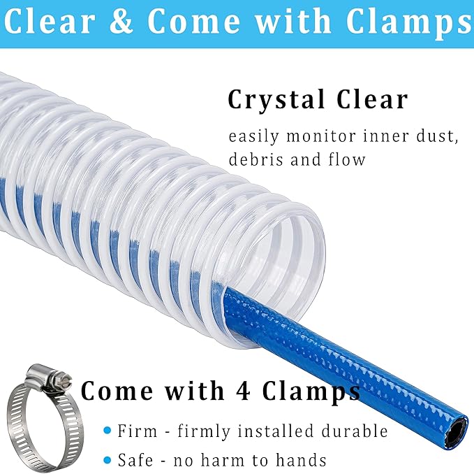 Dust Collection Hose 2-1/2 in × 20 ft Heavy Duty Clear Flexible PVC Reinforced Thicken Helix Suction Discharge Corrugated Pipe Hose for Fume Dust Collector Fitting Wood Chip Saw (2.5 inch hose)