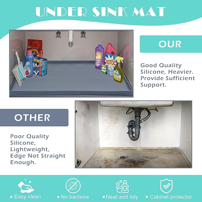 URMONA Waterproof Silicone Under Sink Mat 16'' x 10'' Shelf Liner for Kitchen and Bathroom, Cabinet and Counter Protector, Storage and Organizers, Litter Mat, Pet Cat Puppy Essentials(Dark Grey)