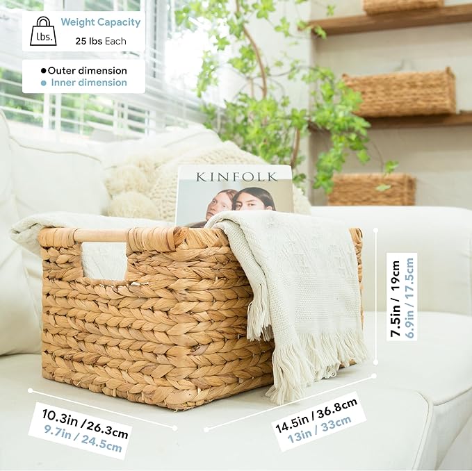 Large Wicker Basket Rectangular with Wooden Handles for Shelves, Water Hyacinth Basket Storage, Natural Baskets for Organizing, Wicker Baskets for Storage 14.5 x 10.3 x 7.5 inches - 3 Pack