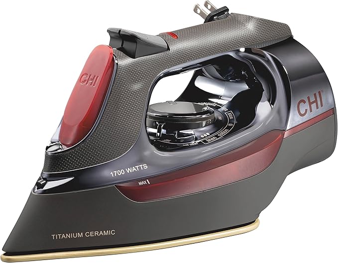 CHI Steam Iron for Clothes with 8’ Retractable Cord, 1700 Watts, 3-Way Auto Shutoff, 400+ Holes, Professional Grade, Temperature Control Dial, Titanium Infused Ceramic Soleplate, Black/Chrome (13109)