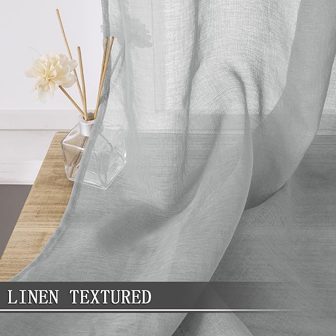Tollpiz Sheer Curtains Linen Textured Bedroom Curtain Sheers Light Filtering Rod Pocket Voile Curtains for Living Room, 54 x 63 inches Long, Silver Grey, Set of 2 Panels