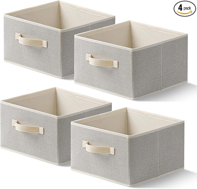 Storage Baskets, 11-Inch Woven Fabric Bins, Storage Cubes with Reinforced Handles, Organizer Bins for Closet Shelves, Foldable, for Toys, Clothes, Natural Beige (4PCS/Beige-11*11*7.8inch)