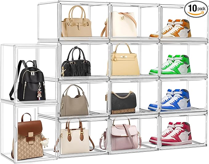 10 Pcs Clear Purse Storage Boxes, Plastic Shoe Boxes Stackable Acrylic Display Case Shoe Organizer with Magnetic Lid, Acrylic Display Box for Collectibles,Purse Organizer,Handbag,Shoes Size 14