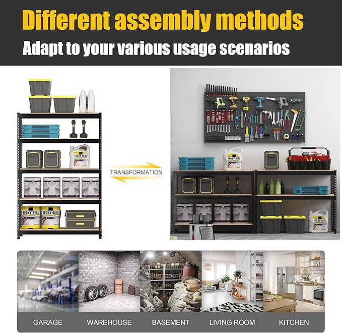PrimeZone 4 Pack Heavy Duty Adjustable 5 Tier Garage Storage Shelves - 47" W x 18" D x 71" H, Metal Utility Rack Shelf Unit for Warehouse, Pantry, Closet, Kitchen, Black