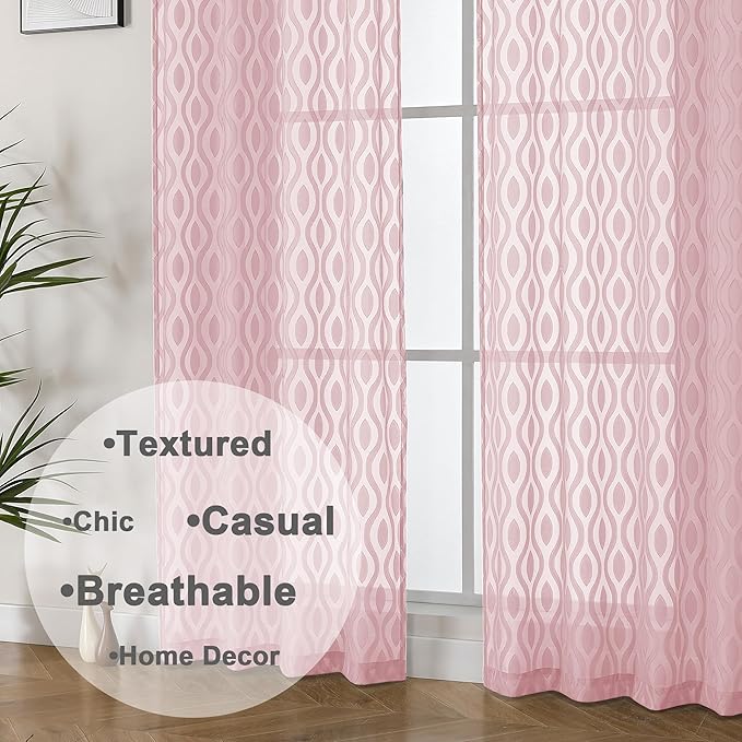Aiyufeng Pink Sheer Curtains 2 Panels 54 Inch Length, Soft Lightweight Clip Jacquard Textured Blush Curtains for Bedroom Living Room, Modern Wavy Line Solid Voile Sheer Drapes, 40" Wx54 L Inches