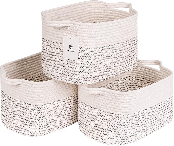 Medium and Large Woven Basket//With Handle, Used for Toys and Fabric Storage Basket used for Storing xl Storage Box, Decorative Storage Box Room 2pack (14L*10W*8.6H White/Black Line, 14Lx10Wx8.6H)