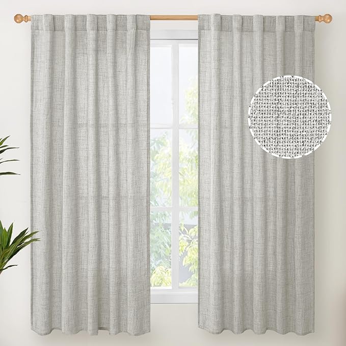 YoungsTex Light Grey Linen Curtains 63 Inch Length for Living Room, Rod Pocket Light Filtering Burlap Textured Drapes Back Tab for Bedroom Office Short Window Rustic, 2 Panels, 42 X 63 Inch